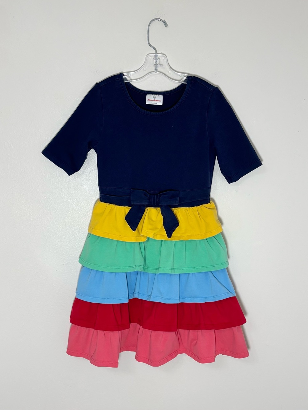Hanna Andersson Rainbow Tiered Dress Girls 8 / 130 Navy Bow Colorblock